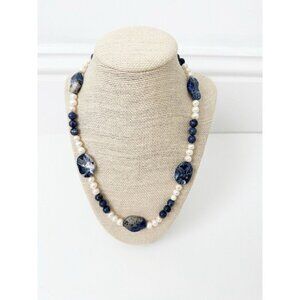 NWT Genuine Sodalite & Pearls Necklace Beaded Blue White